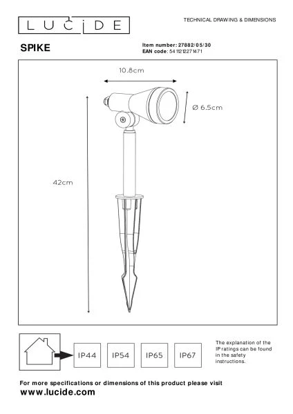 Lucide SPIKE - Gartenstrahler - Ø 6,5 cm - LED Dim. - GU10 - 1x5W 3000K - IP54 - Schwarz - technisch